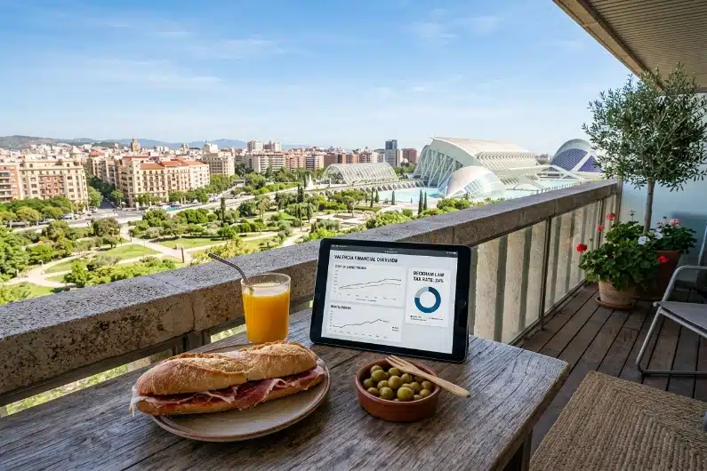 Strategic financial guide to Valencia cost of living 2026 for expats, illustrating housing market trends, Beckham Law tax savings, and local lifestyle expenses.