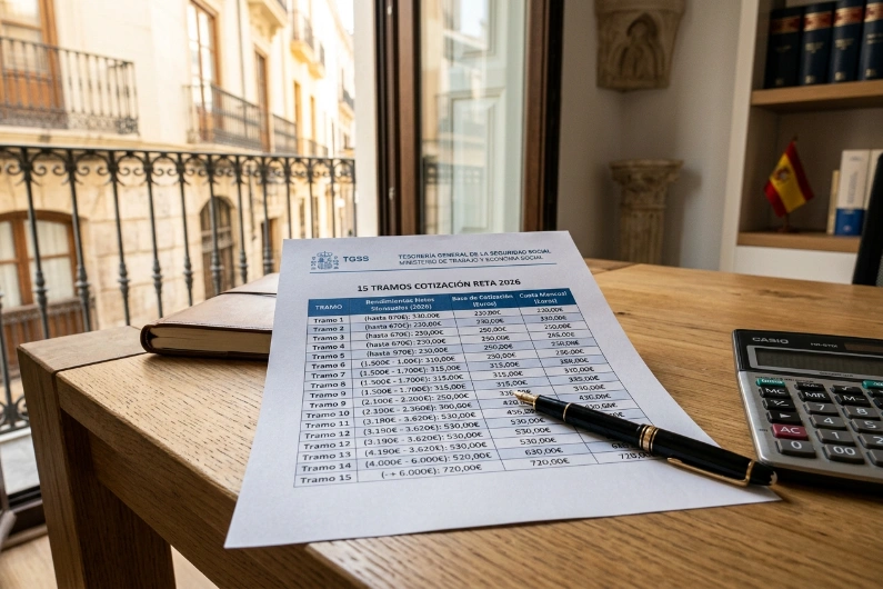 Tableau des 15 tranches de cotisations RETA 2026 et tarifs de la sécurité sociale pour les autonomos en Espagne.