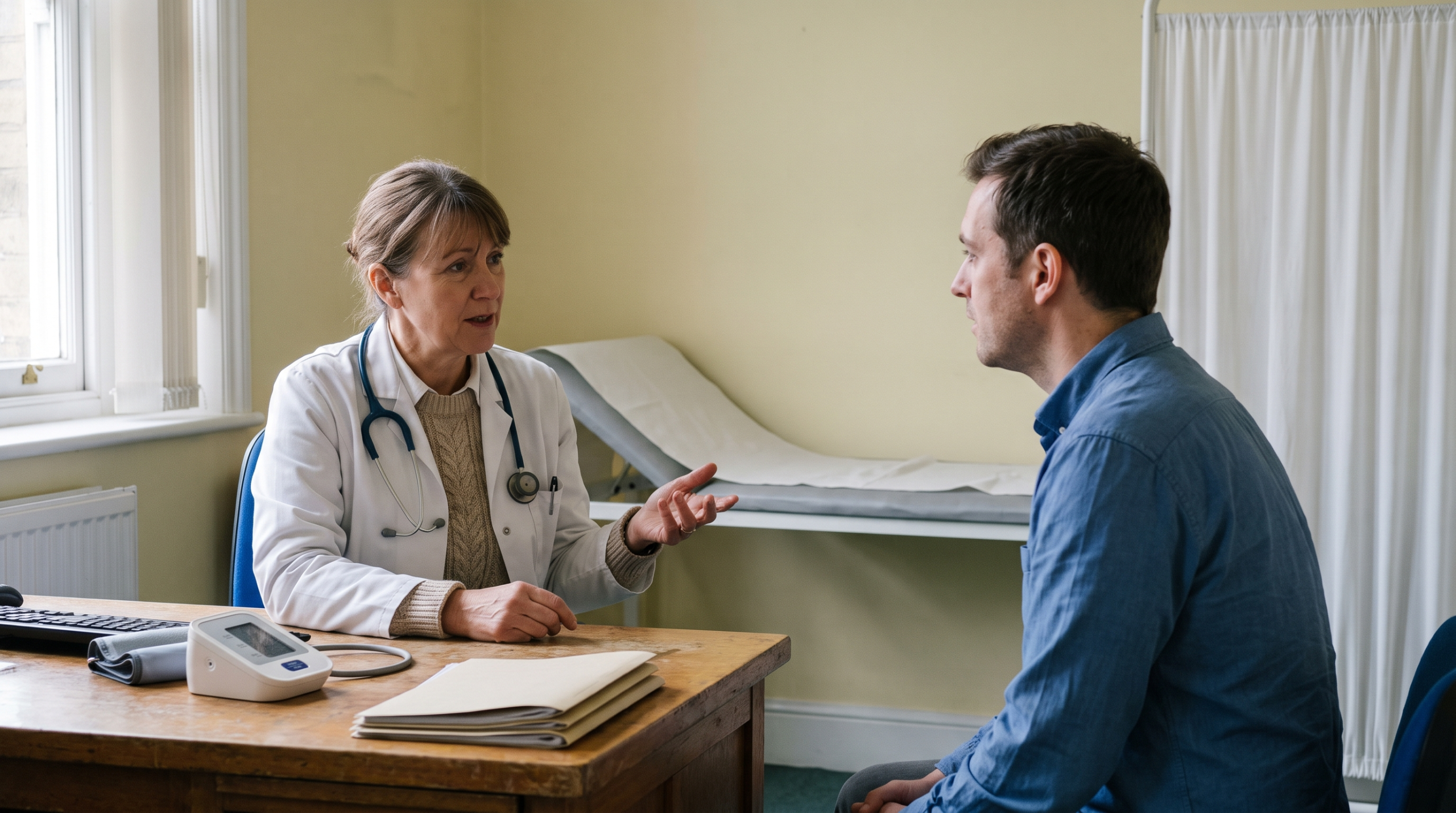 Médecin généraliste en consultation avec un patient dans une clinique privée en Espagne